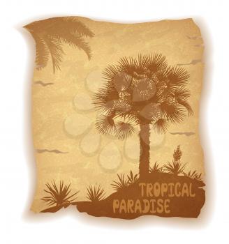 Tropical Palm Trees, Flowers and Grass Silhouettes and Inscription on Vintage Background of an Old Sheet of Paper. Eps10, Contains Transparencies. Vector