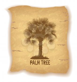 Tropical Palm Trees and Grass Silhouettes and Inscription on Vintage Background of an Old Sheet of Paper. Eps10, Contains Transparencies. Vector