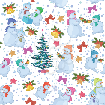 Seamless holiday background: Christmas tree and cartoon snowman with gifts. Vector