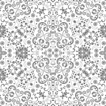 Seamless Floral Pattern, Black Symbolical Contours Isolated on White Background. Vector