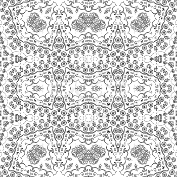 Seamless Floral Pattern, Black Symbolical Contours Isolated on White Background. Vector