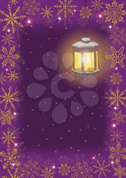 Christmas card: vintage street lamp on a decorative bracket against the starry sky, with a frame of snowflakes. Vector