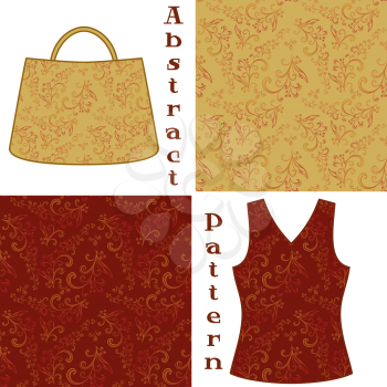 Set Seamless Floral Patterns, Symbolical Plants Contours, Elements for Your Design, Prints and Banners, For the Example Presented in a Female Top and a Bag. Vector