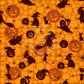 Seamless Pattern, Silhouette of a Witch on a Broomstick, Pumpkin, Ghost, Cat, Spider with Web and Other Characters Halloween Holiday Symbols on the Abstract Background. Vector