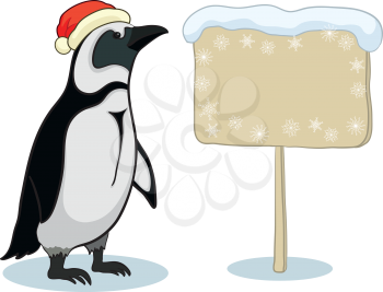Antarctic emperor penguin in a red Santa Claus hat with a Christmas poster for your text. Vector