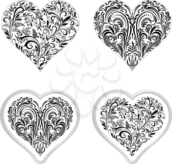 Set Valentine Holiday Symbols, Hearts with Floral Pattern, Leafs And Butterflies, Black Contours Isolated on White Background. Vector