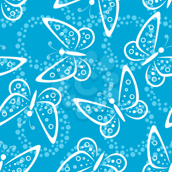 Seamless Background, Butterflies White Silhouettes on Blue Tile Pattern. Vector
