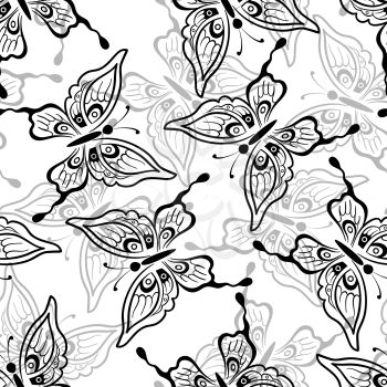 Seamless Pattern, Symbolical Butterflies Black and Grey Contours on Tile White Background. Vector
