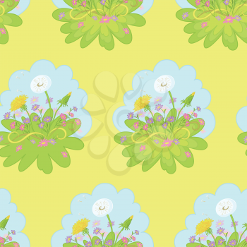 Seamless background: dandelions flowers, green grass and blue sky on yellow. Vector