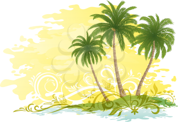 Exotic Landscape, Green Tropical Palms Trees and Floral Pattern on Yellow and White Background. Eps10, Contains Transparencies. Vector