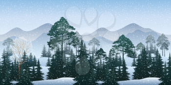 Seamless Horizontal Winter Christmas Woodland Landscape with Trees Silhouettes and Snowflakes. Eps10, Contains Transparencies. Vector