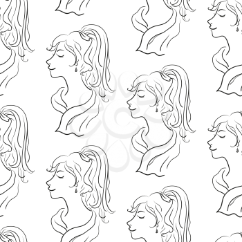 Young Women, Seamless Pattern, Black Contours Isolated On Tile White Background. Vector