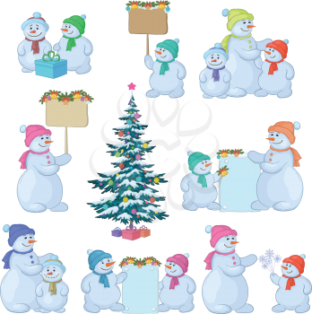 Christmas tree and set cartoon snowman with gifts and a banners for your text. Vector
