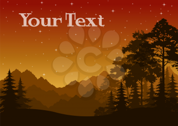 Night Landscape, Mountains and Forest, Coniferous and Deciduous Trees Silhouettes, Orange Sky with Stars. Vector