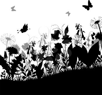 Summer Landscape, Butterflies, Grass, Flowers Dandelions and Bluebells, Leaves Black and Gray Silhouettes on White Background. Vector