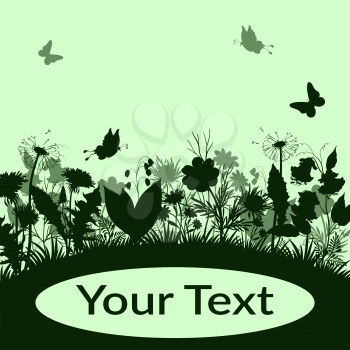 Summer Landscape, Butterflies, Grass, Flowers Dandelions and Bluebells, Leaves Silhouettes on Green Background with Place for Your Text. Vector