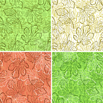 Set Tile Backgrounds, Fig Tree Colorful Leaves Contours and Abstract Seamless Pattern. Vector