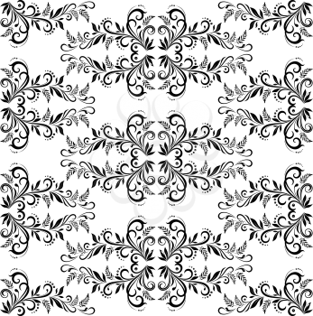 Seamless Tile Symbolical Floral Vintage Pattern, Black Contours Isolated on White Background. Vector