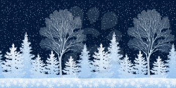 Seamless Horizontal Winter Christmas Night Woodland Landscape with Coniferous Trees and Snowflakes. Eps10, Contains Transparencies. Vector