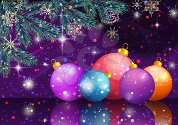 Christmas Holiday Background. Fir Branches, Toy Balls, Snowflakes and Stars. Vector