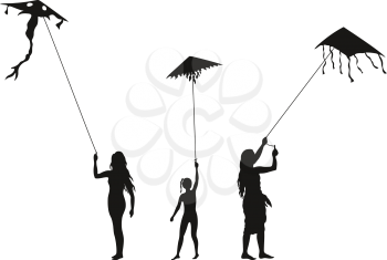 People with Flying Kites, Black Girls Silhouettes Isolated on White Background. Vector