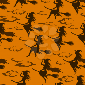 Seamless Halloween Pattern, Witch Flight on a Broomstick, Black Silhouettes against a Sky with Clouds, Tile Holiday Background. Vector