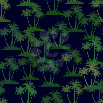 Exotic Seamless Pattern, Tropical Forest Landscape, Palms Trees Green Silhouettes on Black Tile Background. Vector