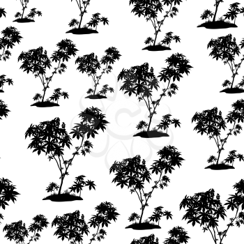Seamless Pattern, Castor Plant, Black Silhouette Isolated on Tile White Background. Vector