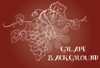 Bunch of Grapes with Leaves and Berries White Contour on Red Background. Vector