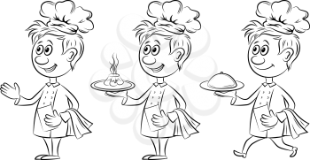 Set Cartoon Characters, Cooks Chefs with a Dish Food on a Tray and Menu Form. Black Contours Isolated on White Background. Vector
