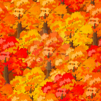 Seamless Natural Pattern, Landscape, Autumn Forest, Trees with Brown Trunks and Red, Orange and Yellow Leaves, Tile Background. Vector