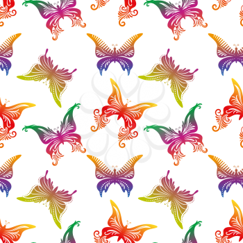 Seamless Pattern, Colorful Butterflies Pictograms Isolated on Tile White Background. Vector