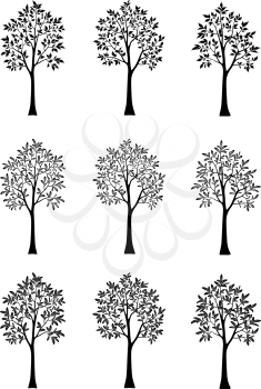 Set Symbolic Trees Outline Black Silhouettes Isolated on White Background