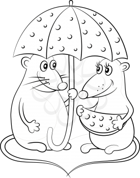 Cartoon Animals, Mice with Tails in the Shape of a Heart under the Umbrella of the Cheese, Black Contours Isolated on White Background. Vector