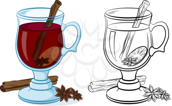 Glasses Goblet with Drink Grog, Cinnamon, Star Anise and Lemon, Color and Black Contour Pictograms on White Background. Vector