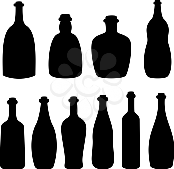 Set of Vintage Bottles, Black Silhouettes Isolated on White Background. Vector