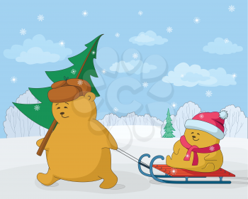 Cartoon, teddy bears in the winter forest, father with a Christmas tree and child on sledge. Vector illustration