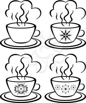 Set cups with a hot drink and floral pattern, black contour on white background. Vector