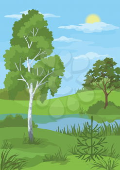 Summer landscape with birch and coniferous trees, river, sun and blue sky. Vector