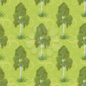 Seamless background, green summer forest with birch trees and floral pattern. Vector