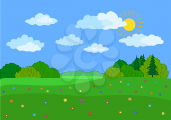 Summer landscape: a green meadow, flowers, forest and blue sky with clouds. Vector