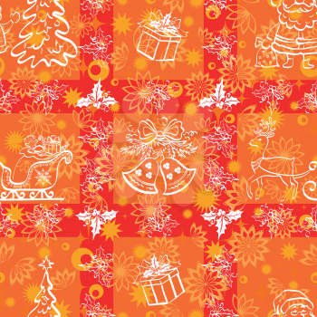Christmas cartoon seamless background for holiday design, white contours on red. Vector