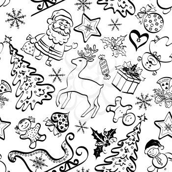 Christmas cartoon seamless pattern for holiday design, black contours on white background. Vector