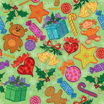 Holiday seamless pattern with cartoon characters and elements. Vector