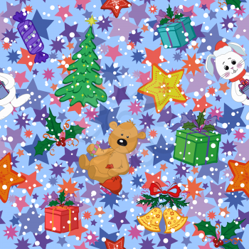 Christmas holiday seamless pattern with cartoon characters and elements. Vector