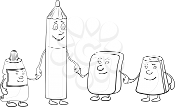Cartoon, contours, pencil and stationery children: tube, eraser, pencil sharpener, contours. Vector
