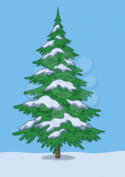 Christmas green tree, snow and blue sky. Vector