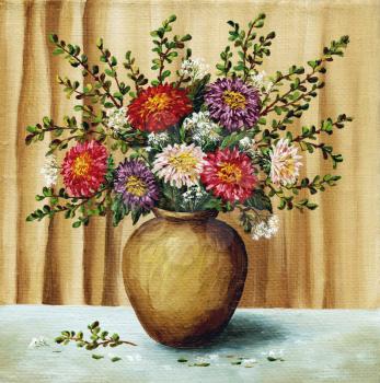 Picture oil paints on a canvas: a bouquet of asters in a clay pot