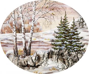 Handmade, drawing distemper on a birch bark: winter siberian landscape