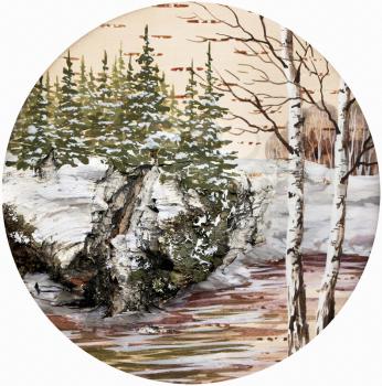 Picture, winter natural landscape. Handmade, drawing distemper on a birch bark